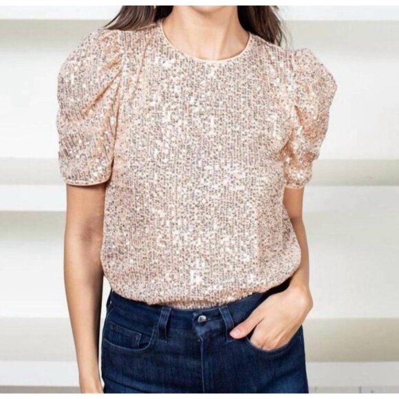 THML Top S Small Gold Sequin Puff Short Sleeve Party Wedding Cruise NEW - Picture 1 of 16